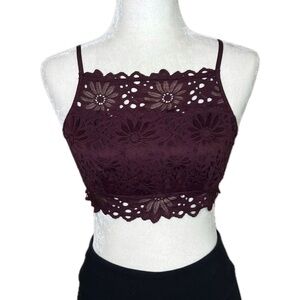 aerie Bralette Floral Lace High Neck Scalloped Festival Crop Top Burgundy Medium